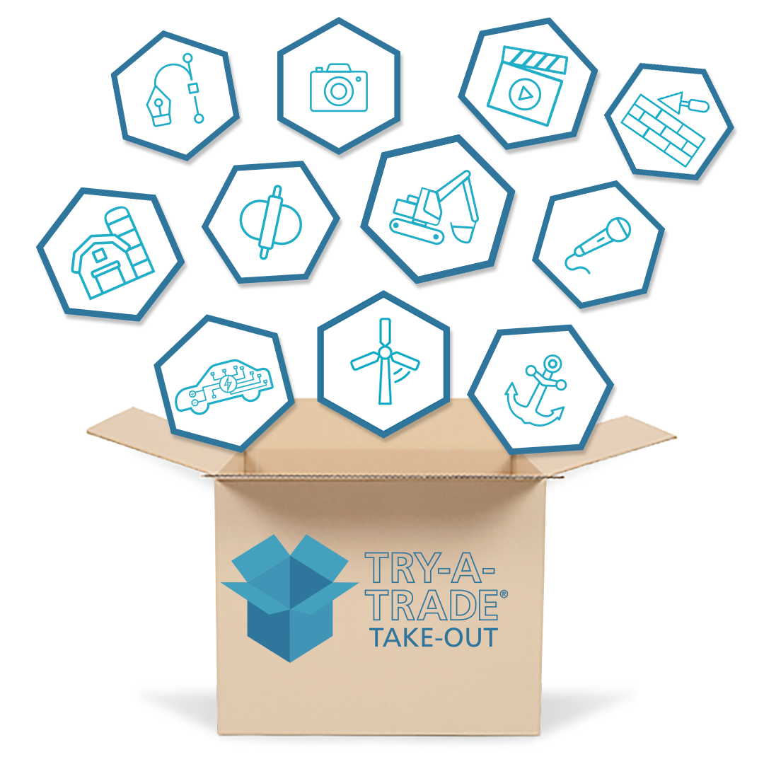 A try-a-trade® take-out labelled cardboard box with try-a-trade® icons popping out of it.