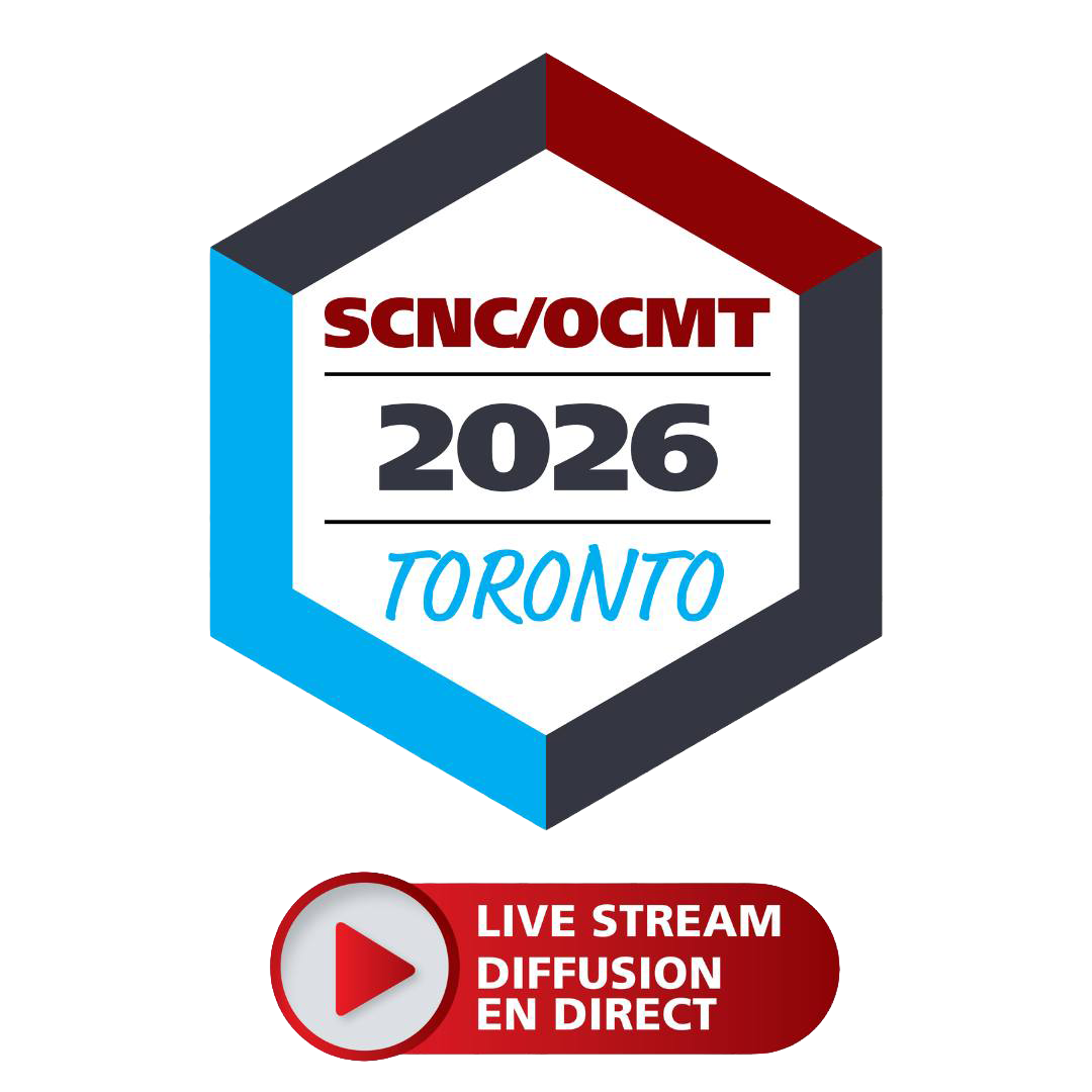 Multicoloured 3d cube containing the following information: SCNC/OCMT 2026 Toronto. Below a red play button with Live Stream.